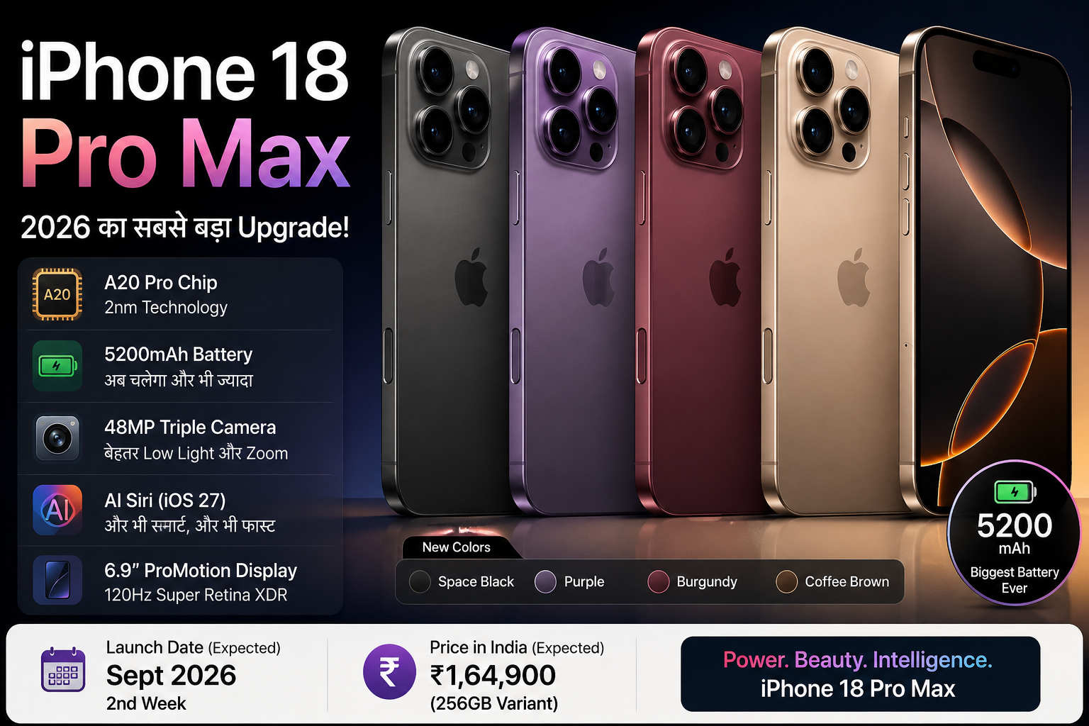 iPhone 18 Pro Max colors Burgundy Purple Coffee Brown with 5200mAh battery A20 Pro chip AI Siri features